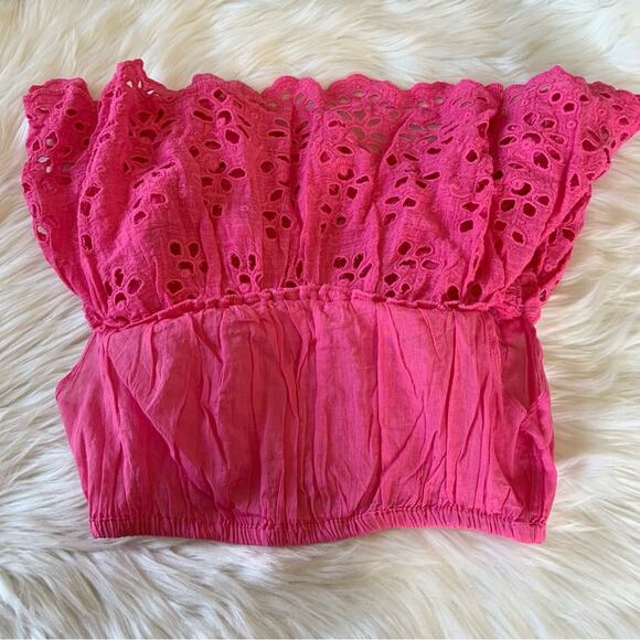 Free People One Perla Pink Eyelet Off Shoulder Blouse Crop Top XS NWOT - Picture 6 of 12
